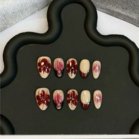 Lot de 10 faux ongles courts en amande, faits main, personnalisables, réutilisables, motif floral gothique encre rouge foncé, ongles en gel blush