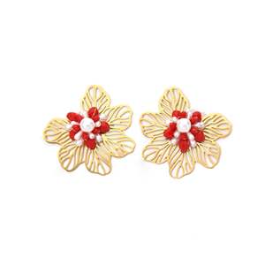 Fashion Stud <b>Earrings</b> 316L Stainless Steel PVD Gold Plating <b>Red</b> Pearl Flower Design - Product Image 1
