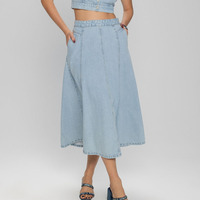 Jupe en jean midi décontractée pour femme, taille haute, fermeture éclair latérale, coupe évasée, longue jupe en denim