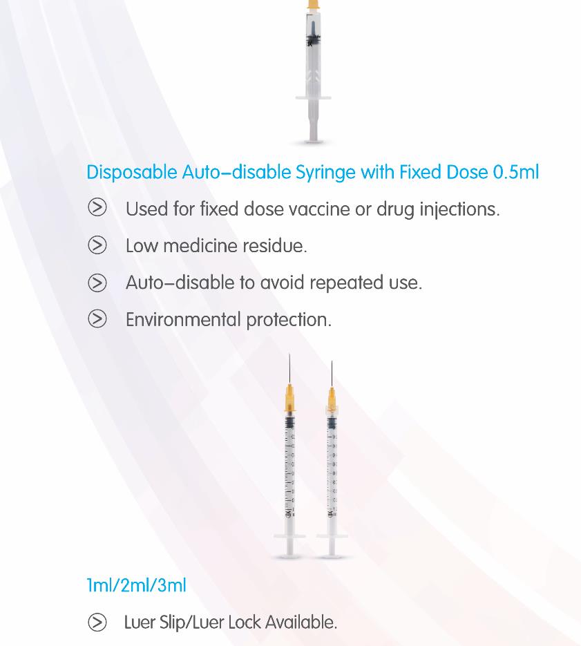 Jeringa de vacuna desechable de 0.5 ml con bloqueo automático único y autoinhabilitante destructiva