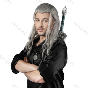 Perruque de <span class=keywords><strong>cosplay</strong></span> Geralt de couleur grise de The <span class=keywords><strong>Witcher</strong></span> pour hommes - Product Image 3