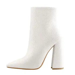 White Woven Pattern Back Zipper Square Chunky Heel Ankle Boots
