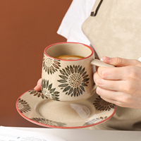 Tasses et soucoupes en céramique émaillée craquelée, magnifiques tasses à latte à motifs floraux, vaisselle en poterie artisanale, mugs compatibles lave-vaisselle