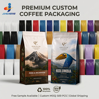 Sacs d'emballage pour café à fond plat imprimés sur mesure avec valve et fermeture éclair, 250g, en Mylar mat refermable pour grains de café torréfiés