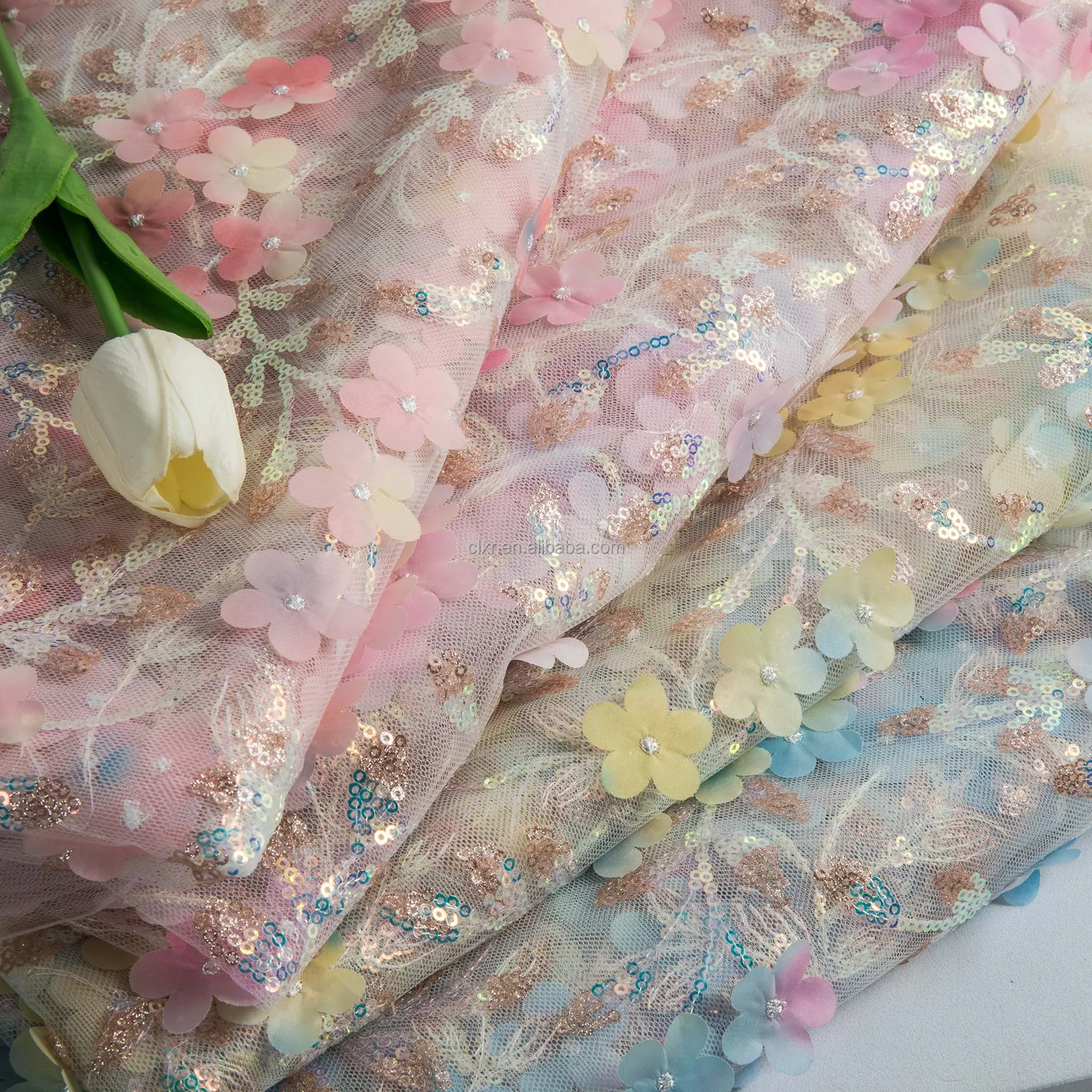 Fabric Supplier Hot Selling Sequin Bridal Embroidery Tulle 3D Lace Mesh Wedding Dress Flower Embroidery Fabric