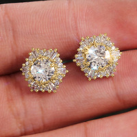 Kadınlar için Kübik Zirkonya Altıgen Halo Saplama Küpe, 12mm, Beyaz Altın ve Altın Kaplama Pirinç Vintage Tasarım, 2 Renk