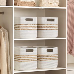 Paniers de rangement en jacinthe d'eau pour étagères, jouets, paniers de rangement avec poignées, paniers tissés en corde de coton pour l'organisation, blanc - Product Image 5