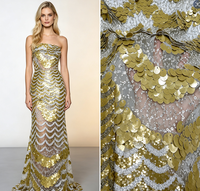 Tissu en maille brodé de grandes paillettes dorées et argentées, tulle perlé luxueux et scintillant pour robe de soirée, robe de mariée, costume de fête