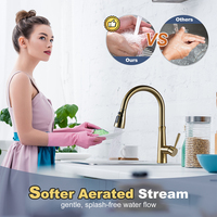 Robinet de cuisine robuste en acier inoxydable SUS 304 avec douchette extractible et plaque de fixation, Robinet mélangeur de cuisine doré