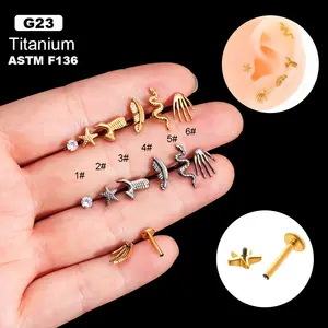 G23 titanyum alaşım F136 iç iplik denizyıldızı tüy palmiye yılan kulak kıkırdak Piercing küpe kadınlar için