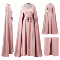 Abaya Cape Rose Poudré pour Femme, Col Montant, Ornée de Strass, Ceinture à Nœud, Robe Longue Fluide Musulmane, Robe de Soirée et de Mariage OEM