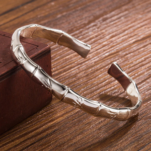 Bamboo-Themed Open-Face <b>Bracelet</b> <b>Silver</b>-Plated Women's Fashion <b>Bangle</b> Plant Pattern Ethnic Style Jewelry - Product Image 1
