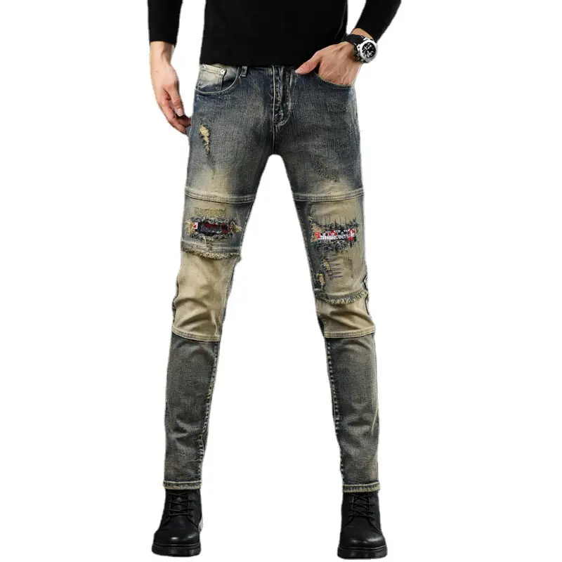 Y-216 Patch splicing jeans men slim elastic small straight pants trend men's hot style jeans