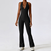 Sans manches bas col en V Push up rembourré haut à licou côté fendu pantalon évasé une pièce Yoga combinaison femmes automne danse body 202