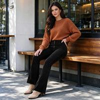 Celana Corduroy High Waist Flare Wanita, Celana Ribbed Pull-on untuk Studio, Aktivitas di Luar Ruangan, Musim Gugur