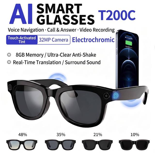 New T200C Electrochromic Smart AI Glasses With 8MP Camera Photo/video Recording Image Stabilization Cross-border Hot Selling