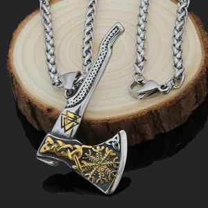 Collar con Colgante <span class=keywords><strong>de</strong></span> Hacha <span class=keywords><strong>de</strong></span> Guerra Vikinga <span class=keywords><strong>de</strong></span> Doble Cara, Acero Inoxidable, Acero <span class=keywords><strong>de</strong></span> Titanio, Tridente <span class=keywords><strong>de</strong></span> Odín, Escudo, <span class=keywords><strong>Runa</strong></span> Awe, para Hombre - Product Image 4