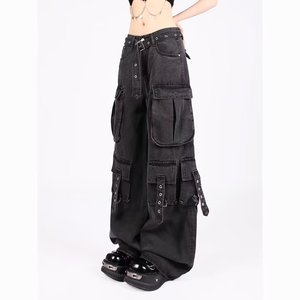 Nouveau <span class=keywords><strong>pantalon</strong></span> salopette <span class=keywords><strong>noir</strong></span> multi-poches <span class=keywords><strong>taille</strong></span> mi-<span class=keywords><strong>haute</strong></span> style américain pour hommes et femmes, coupe ample et jambe <span class=keywords><strong>large</strong></span> - Product Image 2