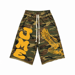 Manufacturer Custom Green <b>Camo</b> Acid Wash Cotton Oversized Eagle Print Ripped Hem Drawstring Knee Length Men's Casual <b>Shorts</b> - Product Image 2