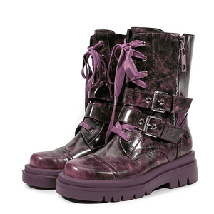 Bottes courtes à semelles épaisses pour femmes, à fermeture éclair latérale, à lacets, à tige haute, avec boucles de ceinture, style combat - Product Image 3