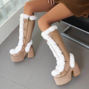 Bottes en fausse fourrure pour femme, grande taille, style fuzzy, hauteur genou, plateforme, talon épais, hiver, mollet large - Product Image 5