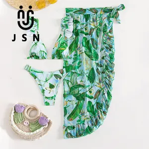 JSN 2023 새로운 수영복 섹시 그린 쓰리 피스 인쇄 수영복 비키니 세트 사롱과