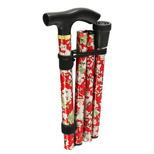 Bâton de marche pliable Lingfeng en alliage d'aluminium, 5 sections, imprimé floral rouge, poignée antidérapante, bâton de randonnée pour personnes âgées - Product Image 2