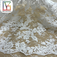 Tissu de Dentelle en Cordon Guipure Blanc Brodée de Paillettes Tissu de Dentelle en Cordon de Tulle à Broderie Française avec Paillettes pour Robe de Mariée