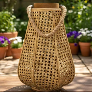 Farol clásico de hierro y metal, portavelas decorativo para patio y jardín, farol decorativo vintage hecho a mano con ratán. - Product Image 1