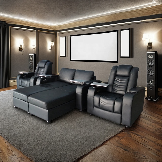 Modern VIP Club Leather Electric Home Theater Recliner Sofa Extendable Black Chaise Metal Frame Upholstered Synthetic Leather