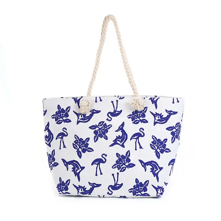Оптовая продажа, прочная хлопчатобумажная сумка-тоут с ручками для покупок, сумка-слинг, женская пляжная сумка с принтом фламинго