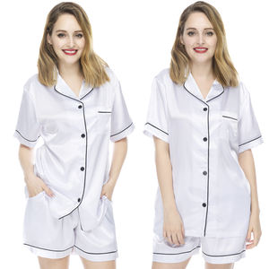 New <strong>Black</strong> Piping Pajama Set Silk Satin Pajamas <strong>Pyjamas</strong> Women <strong>Ladies</strong> Short Pajama Sets - Product Image 1