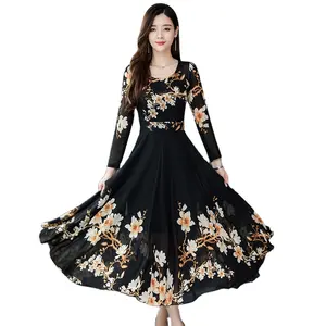 Fuyu Women Temperament Floral Printed Plus Size Dress Fall and Winter High Waist A Line Tiered Dress