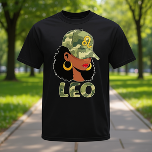 Camiseta con signo del zodiaco Leo Queen Camouflage Black Woman Cap - Product Image 3