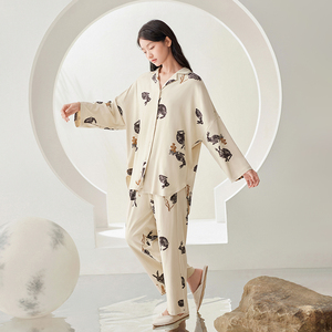 Pigiama da <span class=keywords><strong>Donna</strong></span> in Cotone Lavorato a Maglia Anzhiban, Maniche Lunghe, Vestibilità Comoda, Stampa Animalier, Casual, per Casa, Primavera Autunno - Product Image 2