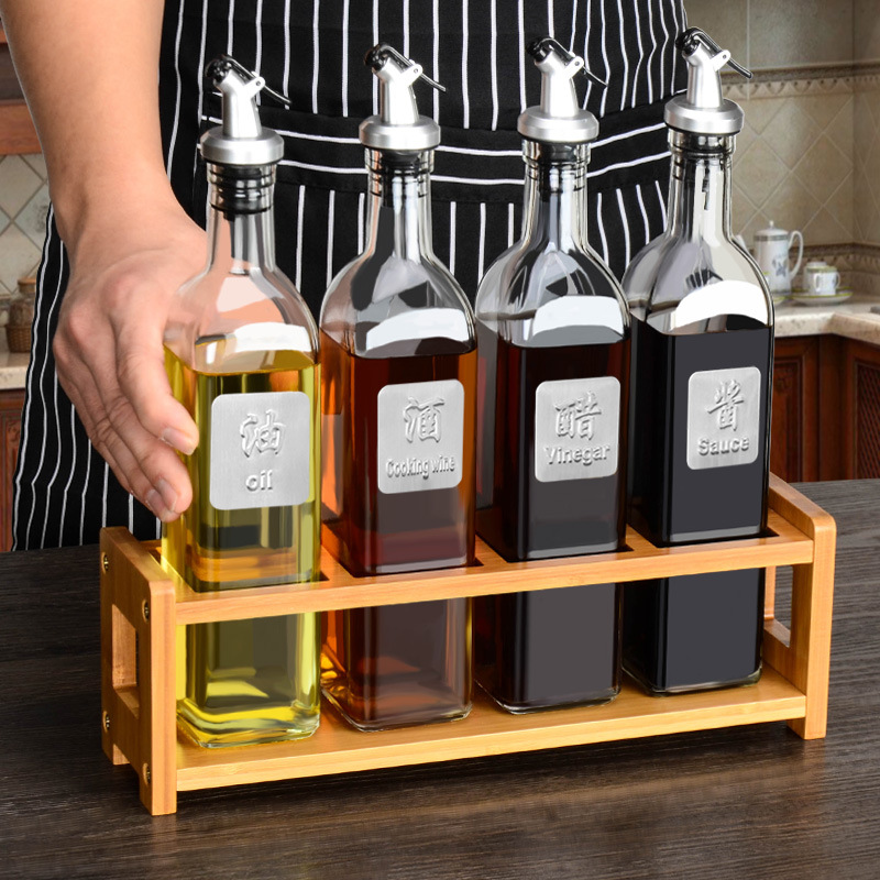 Square tall 16 oz oil vinegar cruet glass olive oil bottles with pour spout