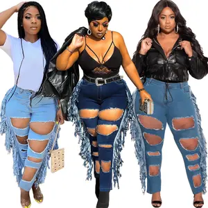 trending products 2021 new arrivals high waist ripped tassel trendy plus size women's stretch jeans for woman