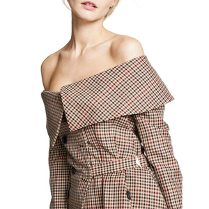 Giacca giacca a quadri a quadri a manica lunga personalizzata di alta qualità con bottone asimmetrico <span class=keywords><strong>Tweed</strong></span> da donna con spalle scoperte - Product Image 3