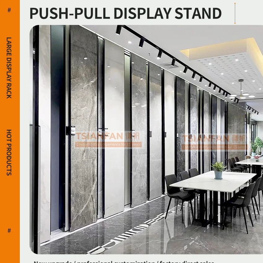 High quality push-pull horizontal sliding quartz stone shelf marble stone sample tile showroom display stand