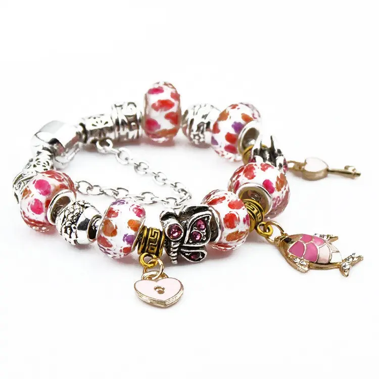 Charms Fish Key Lock Pendant Beads Bracelet Girls Multi Color Crystal Beads Charm Bracelet For Kids Jewelry
