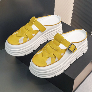 2026 New Versatile Women's Slippers Summer Trendy Hollow Breathable <b>Half</b> Slippers Thick Sole Elevated Shoes - Product Image 5