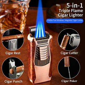 Encendedor de Antorcha DEBANG, Triple <span class=keywords><strong>Llama</strong></span>, Tres Fuegos, Encendedor de Cigarros 5 en 1, Multifuncional, Potente, Cortador de Cigarros, Punzón, Poker - Product Image 1