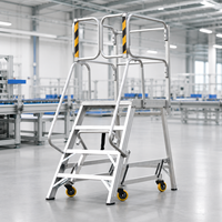 Échelle plateforme en aluminium moderne pour entrepôt, 4 marches, conception d'escalier mobile de sécurité, système de roulettes rétractables, utilisation en supermarché