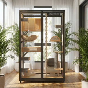 Enclos d'intérieur spacieux en bois pour chats multiples, style savane, avec herbe dorée, pour prairie ouverte - Product Image 1