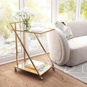 Carrito de barra rústico e industrial de 2 niveles, diseño de vidrio metálico con estilo de granja para el hogar, oficina, habitación de hotel, uso versátil - Product Image 2