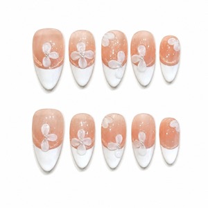 Uñas Postizas Acrílicas Hechas a Mano con Diseño de Flores y Punta Francesa, Cobertura Completa, 10 Piezas para Dedos - Product Image 1