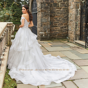 Vestido de Novia de Princesa con Cuentas de Cristal Brillante, Vestido de Novia Bohemio con Mangas Cortas y Transparencias - Product Image 2