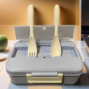 Food Grade 1000ml Wheat Straw Bento Box Leak Proof Dual Tier Portable Outdoor Use Food <b>Container</b> with Soup Cup and Spoon - Product Image 3