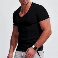 T-shirts pour hommes à col en V, manches courtes, couleur unie, coupe ajustée, basiques, multicolores, décontractés, respirants, pour l'entraînement
