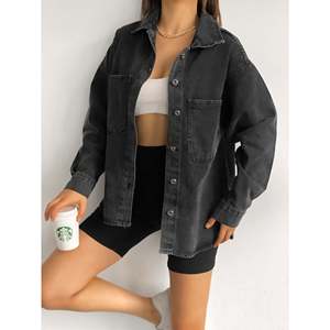 DEFILE Camisa Chaqueta Vaquera Oversize de Doble Bolsillo para Mujer, 100% Algodón Estilo Casual, Verde Guisante Manga Larga con Botones - Product Image 1